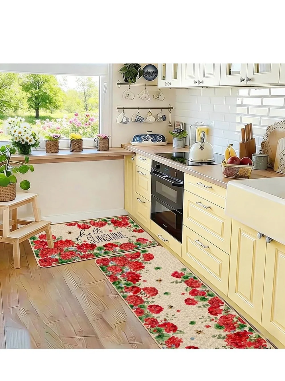 New Baccessor Summer Kitchen Mats Set of 2, Geranium Floral Bee Kitchen Rugs